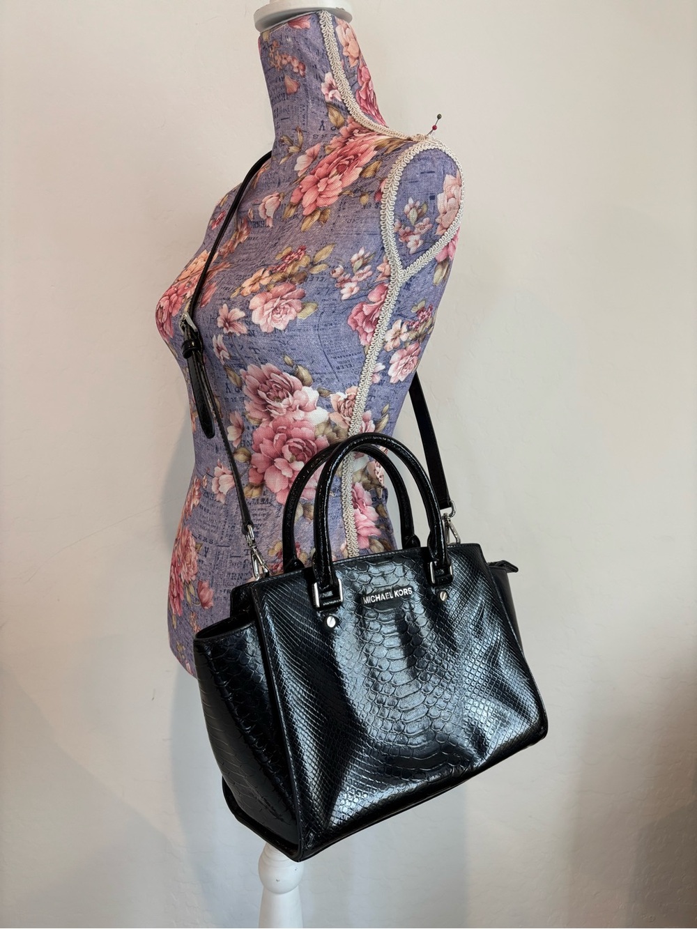 Michael Kors Selma Black Snake Embossed Leather Satchel